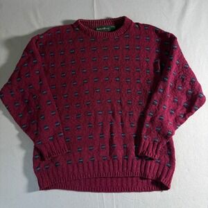Sutter & Grant Mens Large Burgundy Geometric Cotton Knit Crewneck Sweater VTG